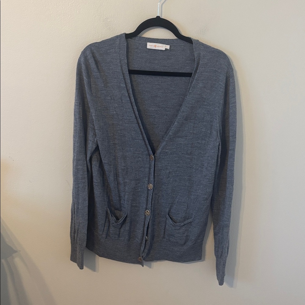 Tory Burch 100% Wool Button Logo Cardigan Sweater